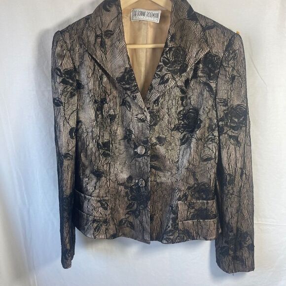 The Bonnie Roseman Silk Collection Cream Silk W/ Black Lace Overlay Blazer Sz L - Picture 3 of 11